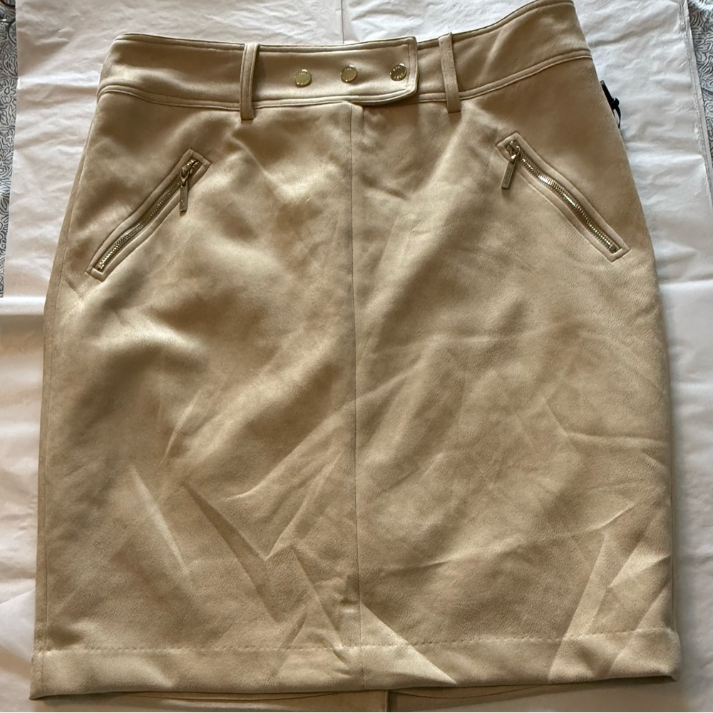 NWOT DKNY Faux Suede High Waist Belted Pencil Skirt Sz 12 Oatmeal